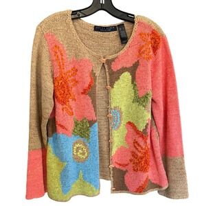 Crazy Horse Cardigan Sweater Tan Floral Knit Grannycore Cottagecore Womens Large